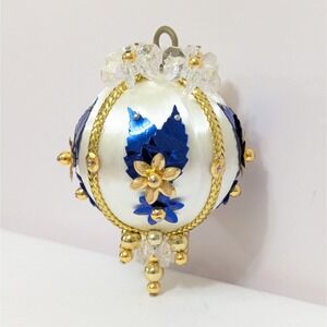 VTG Handmade Ornament Sequin Beaded Push Pin Christmas Blue White Gold 3"